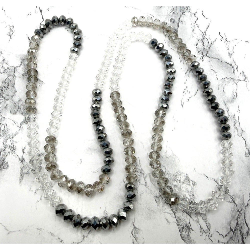78" Glass Bead Endless Necklace Faceted Gray Silver Long Layering